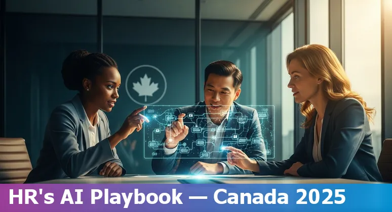 HR professional using AI tools in an office setting with Canadian flag visible — AI in HR Canada 2025