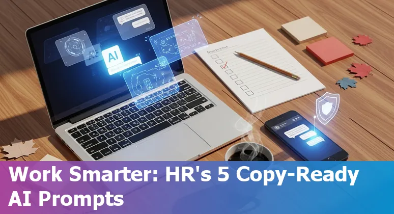 HR professional using AI prompts for benefits, onboarding, policy, engagement, and reporting in a Canadian workplace.