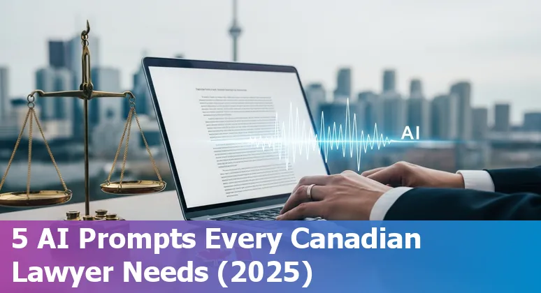 Canadian lawyer using AI on a laptop with prompt templates and legal documents, 2025