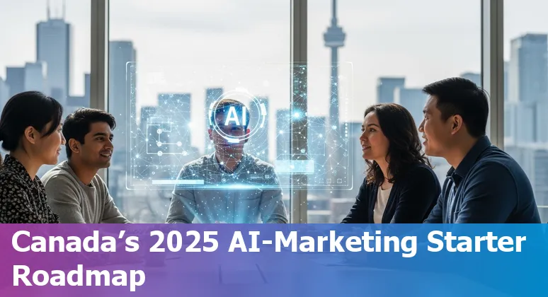 Marketing team using AI tools on a laptop with a Canada flag — AI for marketing in Canada, 2025