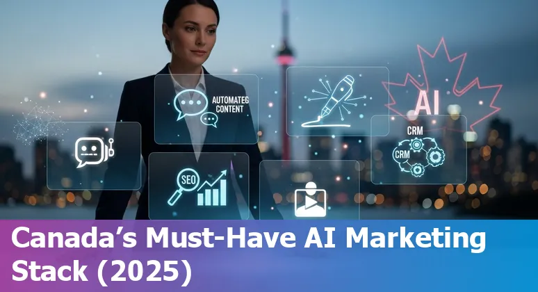 Collage of AI marketing tool logos, a Canadian flag and a marketer working on a laptop