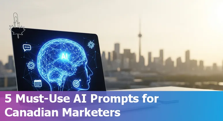 Marketing professional using AI prompts dashboard with Canadian map and icons for Zapier, Descript, Airtable