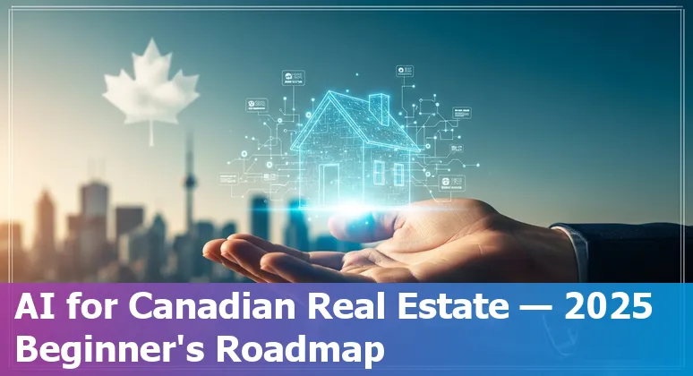 Illustration of AI tools and a Canadian house with a maple leaf representing AI in the real estate industry in Canada, 2025