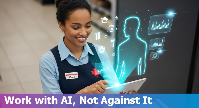 Canadian retail workers training with AI kiosks, warehouse robots and customer chatbots in a store setting
