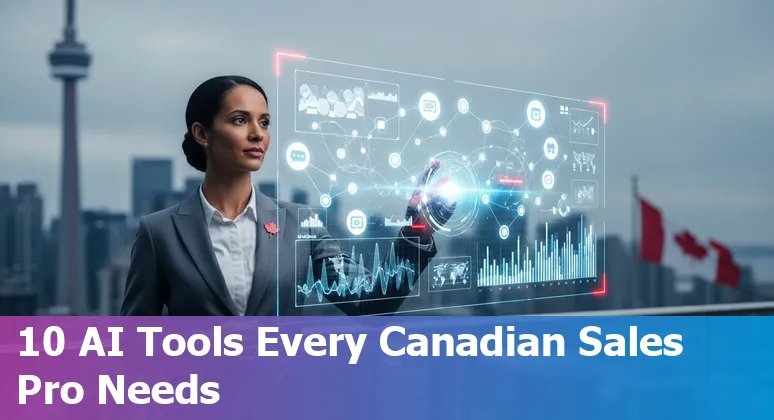 Laptop showing sales dashboard with AI icons, logos of Cognism, Salesforce, HubSpot and a Canadian maple leaf
