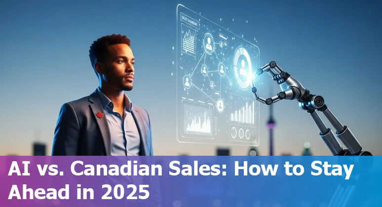 Illustration of AI assisting a Canadian sales team with charts, tools and a maple leaf