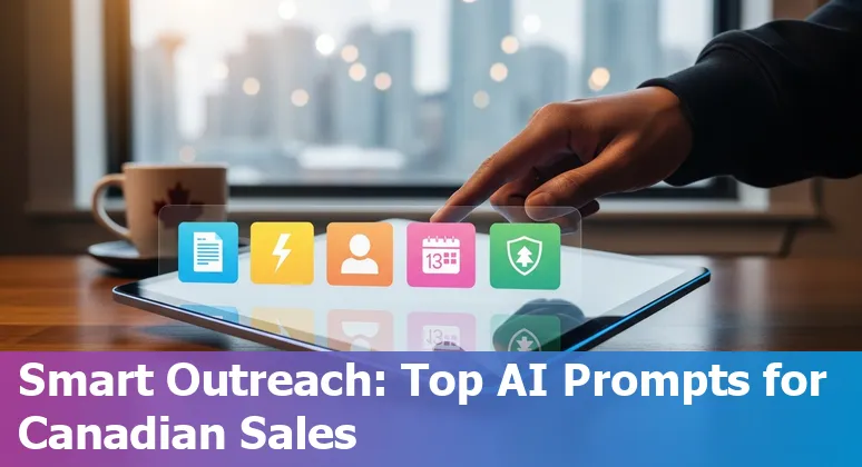 Sales professional using AI prompts on laptop for Canadian B2B outreach in 2025, showing templates and CRM integration.