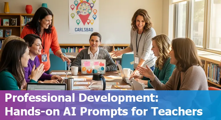 Teacher using AI-generated lesson plan on a laptop in a Carlsbad classroom with students