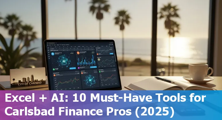 Collage of finance professionals using AI tools like Excelmatic, Datarails, Cube and Vic.ai on laptops with Carlsbad coastline in background.