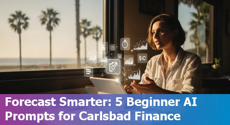 Finance professional in Carlsbad using AI prompts on a laptop to build a pitch deck and cashflow forecast.