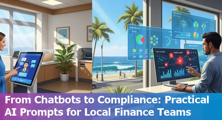 Financial services team in Carlsbad discussing AI chatbot, fraud detection, and compliance on a laptop.