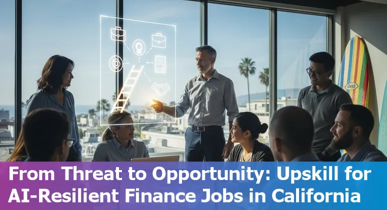 Carlsbad financial professionals discussing AI impact and reskilling plans in an office with coastal view.