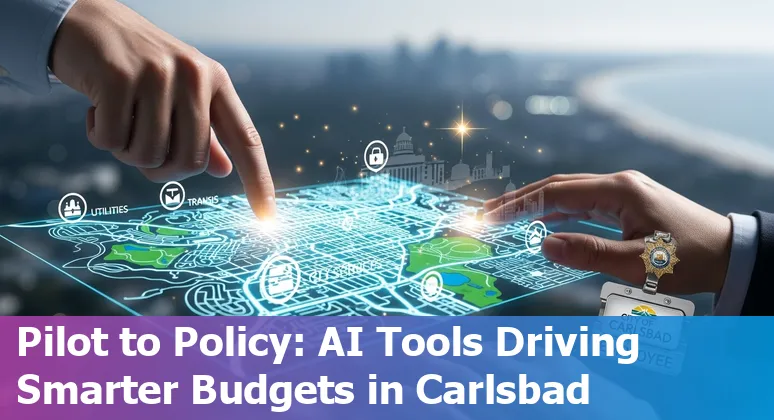 Carlsbad, California city hall with AI icons overlay showing government efficiency and cost savings in California.