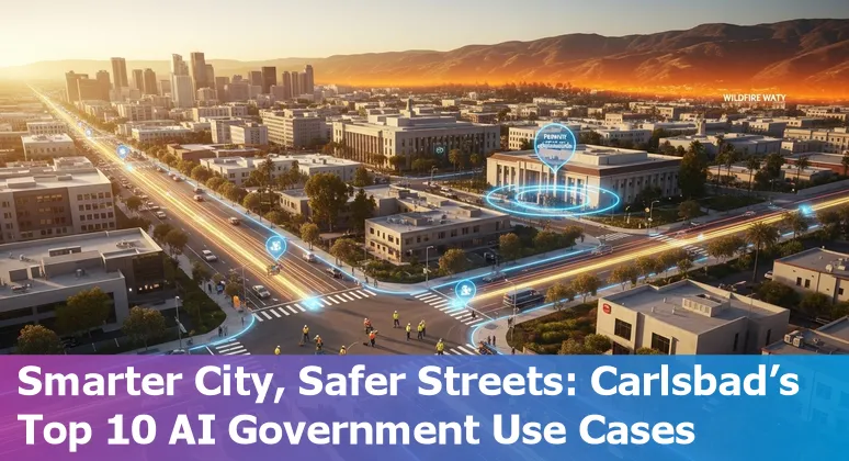 City of Carlsbad map overlayed with AI icons for traffic, wildfire, chatbot, and utilities
