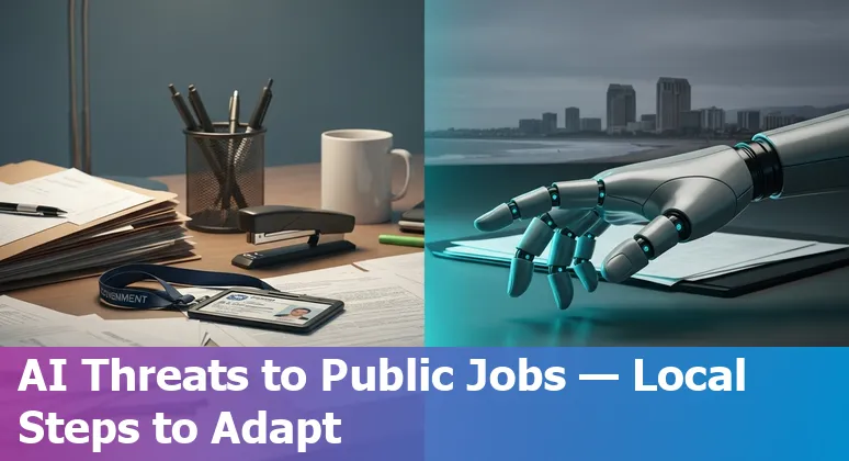 Carlsbad city hall worker using laptop with AI icons, representing government jobs adapting to AI