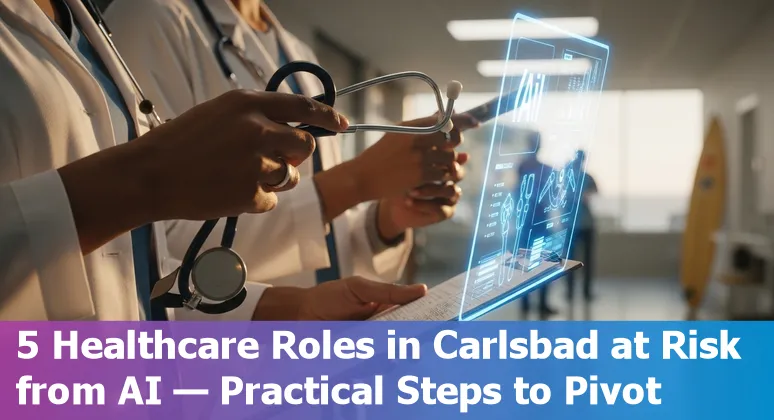 Healthcare worker using AI tools beside a receptionist and scheduler in a Carlsbad clinic