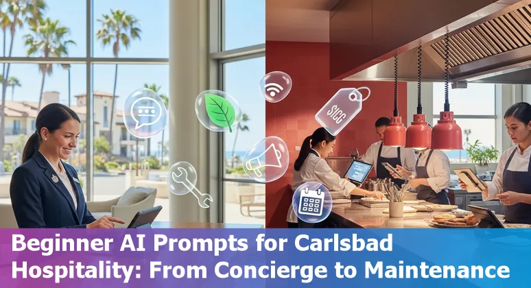 Hotel concierge tablet showing AI recommendations for Carlsbad attractions like Legoland and Carlsbad Village.