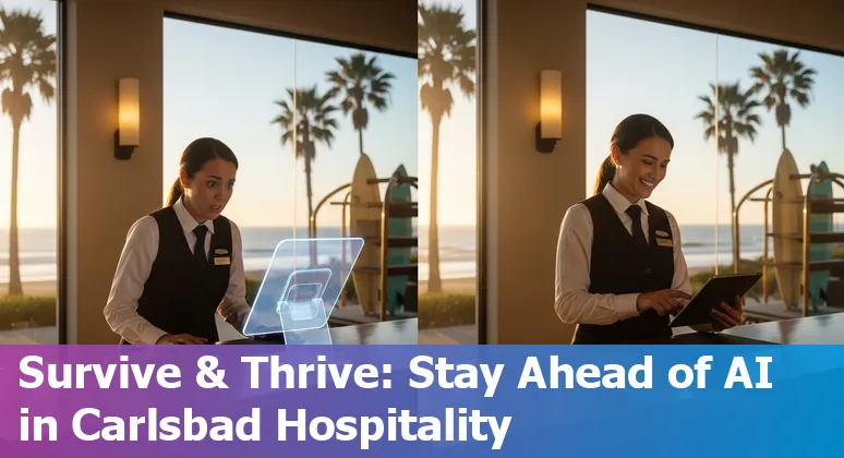 Hospitality workers in Carlsbad learning digital skills with ocean and hotel background