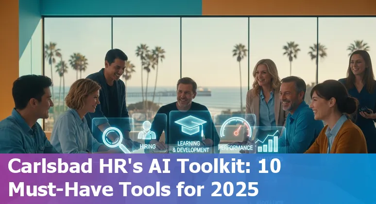 Carlsbad HR professionals exploring AI tools for hiring, L&D, performance and analytics with beach and office skyline in background.