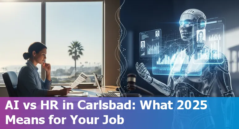 HR professional and AI icons over a Carlsbad, California skyline, showing HR change in 2025