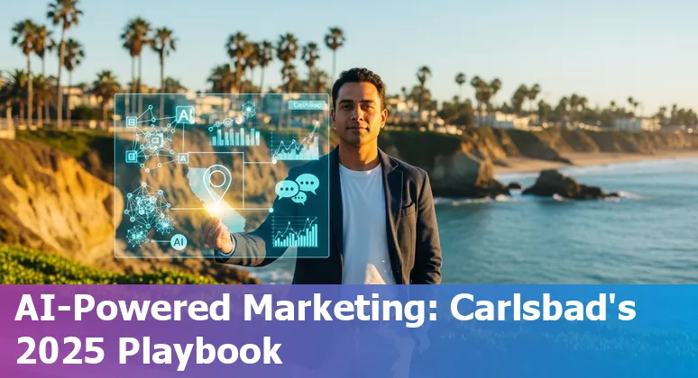 Marketing professional using AI-driven direct mail and QR tracking at Modern Postcard facility in Carlsbad, CA