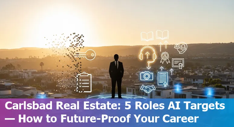 Carlsbad real estate agent using AI tools on a laptop with coastal homes in background