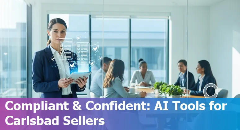 Sales professional using AI tools with Carlsbad, California skyline and local tech logos in 2025
