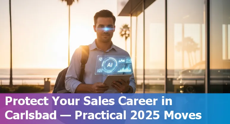 Salesperson using AI tools on a laptop in Carlsbad, California: coastal office scene showing AI-augmented selling in California
