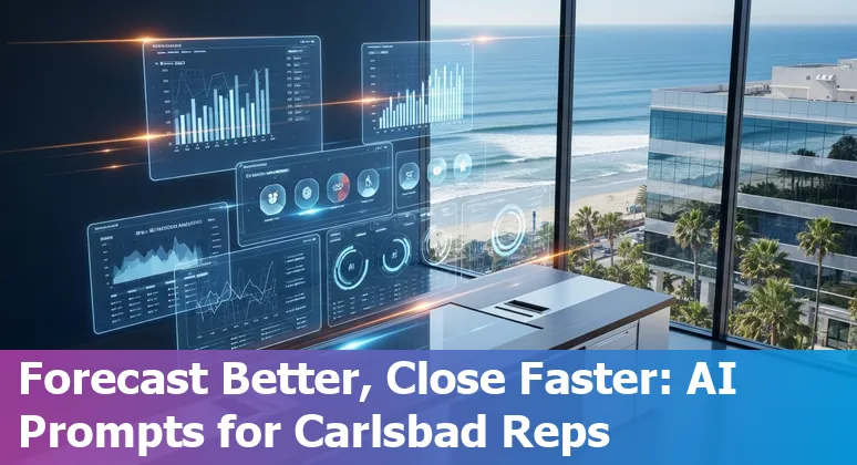 Carlsbad sales rep using AI tools like Apollo, HubSpot, Gong, Clari, and Drift on a laptop overlooking the Pacific.