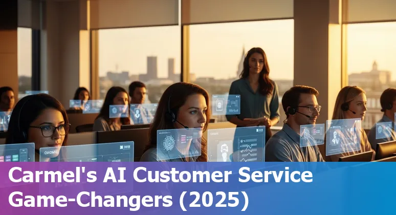 Customer service professional in Carmel using AI tools like Genesys Cloud CX and InoruGPT on a laptop with Carmel skyline.