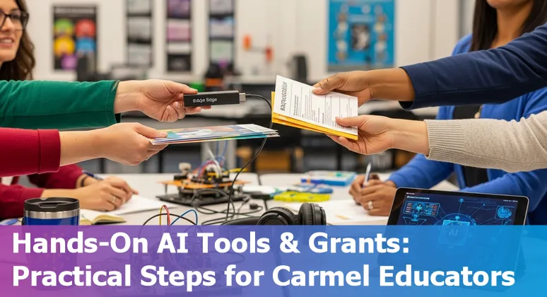 Educators using AI tools in a Carmel, Indiana classroom in 2025, showing laptops, AI dashboards, and Indiana resources
