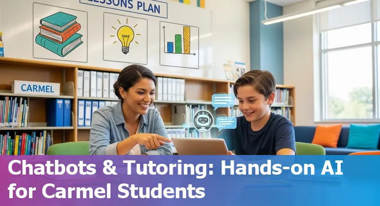Teacher using AI prompts on a laptop to create lesson plans for Carmel, Indiana classrooms.