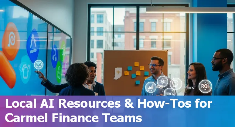 Finance professional using AI tools in Carmel, Indiana skyline office, 2025