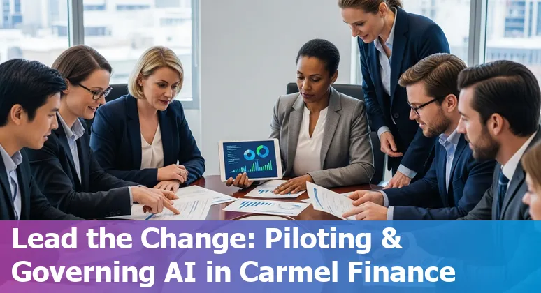 Carmel, Indiana finance team discussing AI strategy with charts and Carmel, Indiana skyline in background