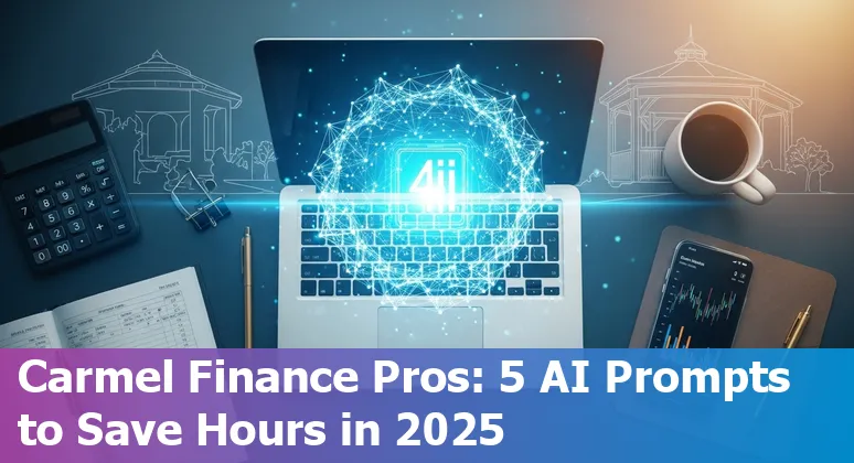 Finance professional in Carmel using AI prompts on a laptop to generate treasury, KPI, and fundraising reports in 2025