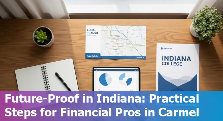 Carmel Indiana banker using digital banking tools with AI icons indicating job shifts