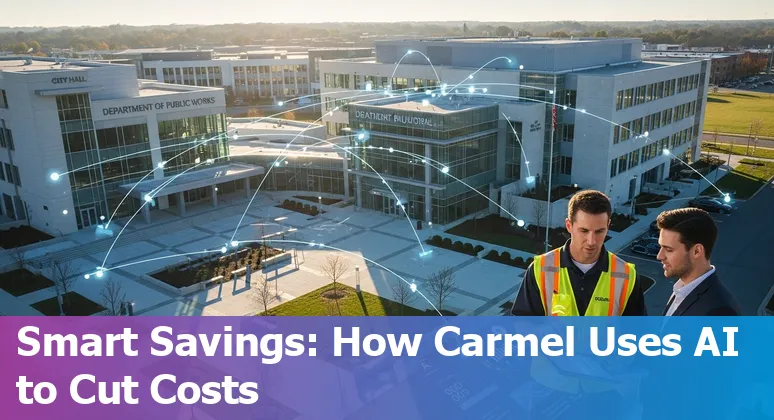 Carmel, Indiana city hall with AI icons overlay showing efficiency and cost savings in Indiana