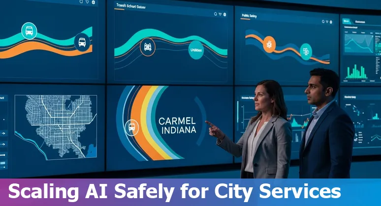 Illustration of AI in Carmel, Indiana government: city hall, data flows, and civic services in Indiana.