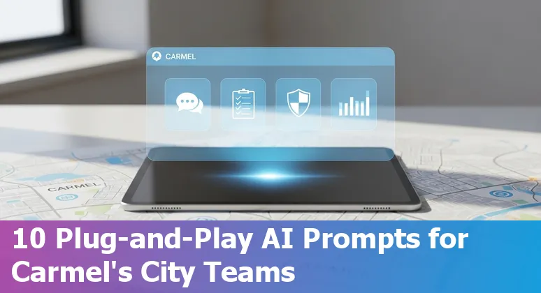 City of Carmel municipal building with AI icons representing governance, security, chatbots and data privacy.