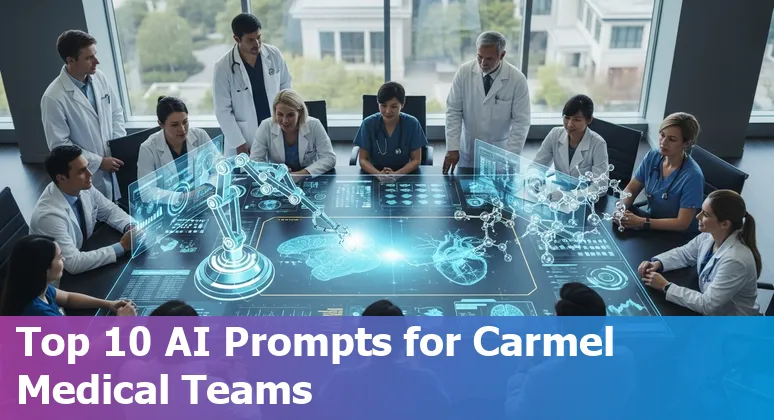 Healthcare worker using AI tools with an overlay of Carmel, Indiana skyline and icons for documentation, telehealth, imaging, and robotics.
