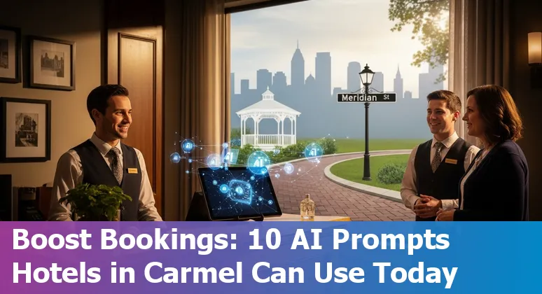 Hotel concierge tablet showing AI-generated Carmel itineraries with Monon Trail and Carmel Arts & Design District landmarks.