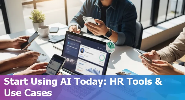 HR professional using AI tools on a laptop in Carmel, Indiana skyline background