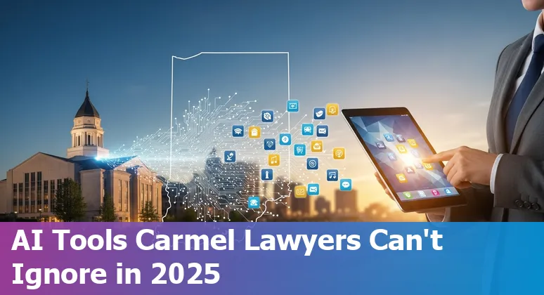 Carmel Indiana lawyer using AI tools on a laptop with courthouse in background