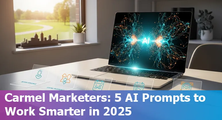 Local marketer using AI prompts on laptop with Carmel, Indiana landmarks in background.