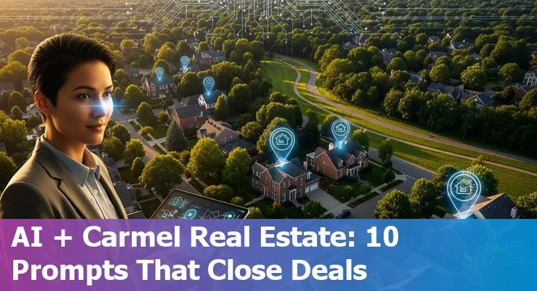 Carmel, Indiana suburban home with AI overlay icons for valuation, virtual tour, chatbot, and energy savings.