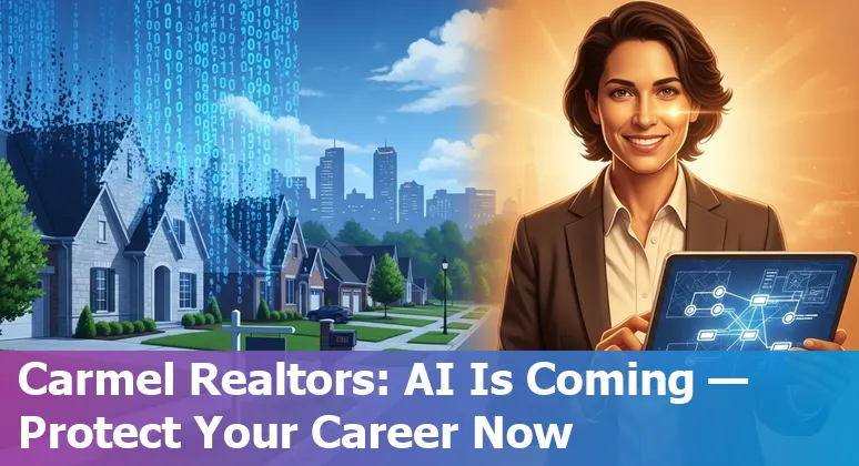 Carmel, Indiana homes with AI icons showing jobs at risk and adaptation steps