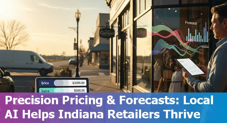 Carmel, Indiana retail store using AI tools: shelf-scanning robot and dashboard showing inventory and demand forecasts in Indiana, US.