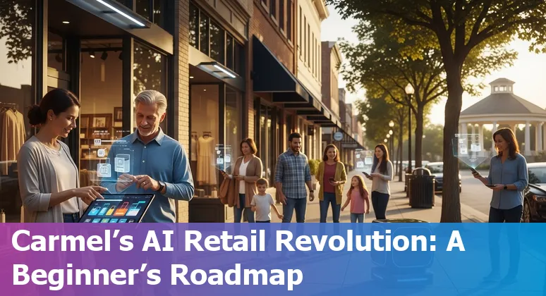 Retail store using AI tools in Carmel, Indiana, US — employees using mobile devices and generative video displays