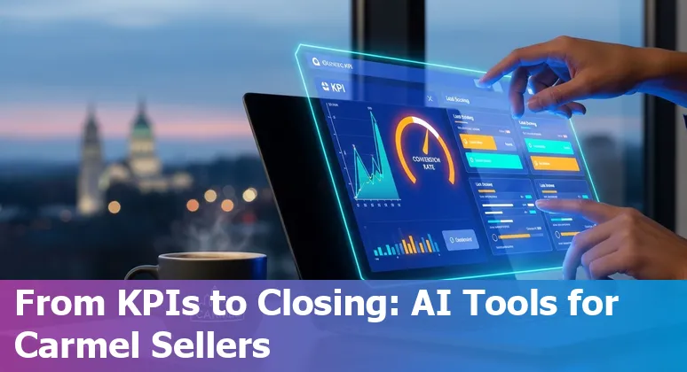 Sales professional using AI tools in an office with a Carmel, Indiana map and ZIP codes visible in the background