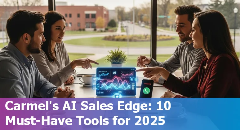 Sales professional using AI sales tools on laptop with Carmel, Indiana skyline in background
